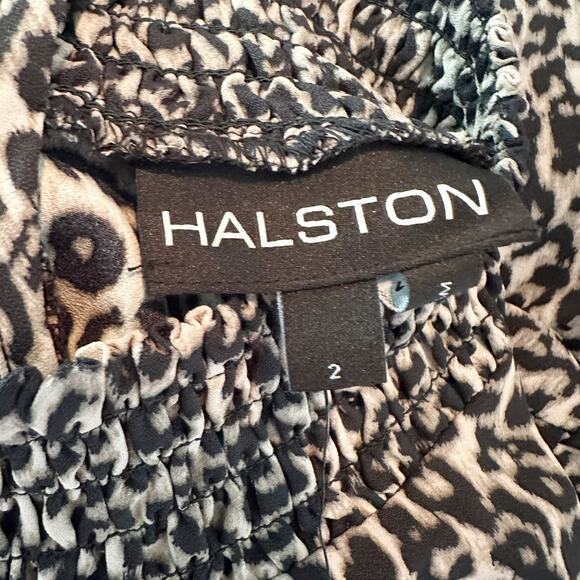 HALSTON Smock-Neck Long-Sleeve Belted Chiffon Dress Leopard Print Size 2 - Picture 4 of 8